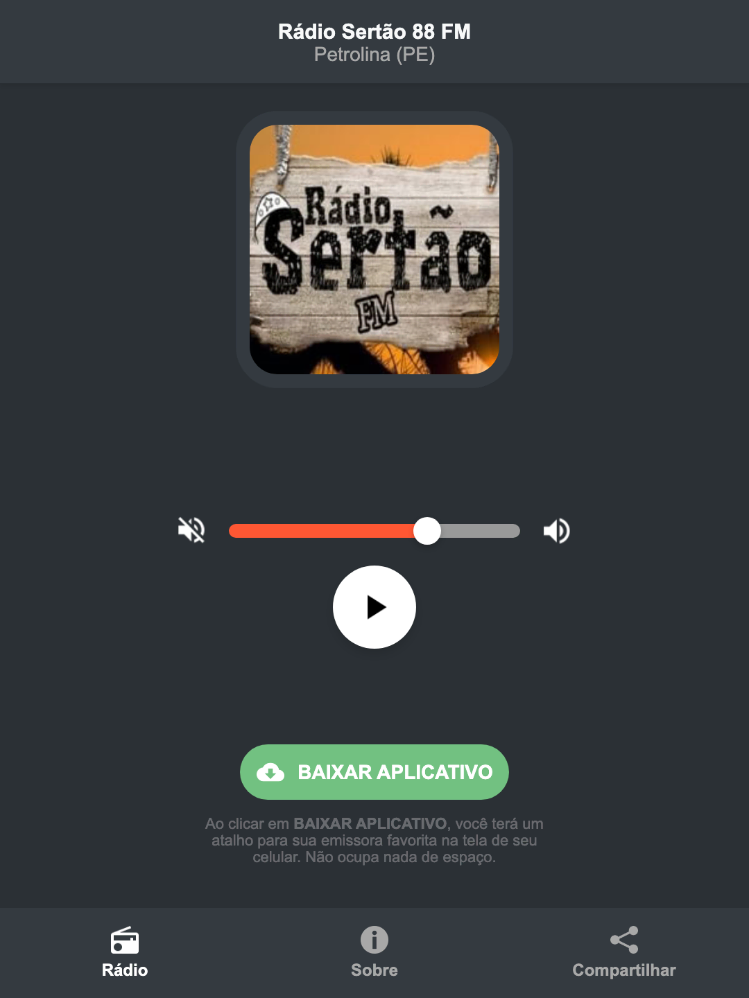 Screenshot do aplicativo da Rádio Sertão 88 FM