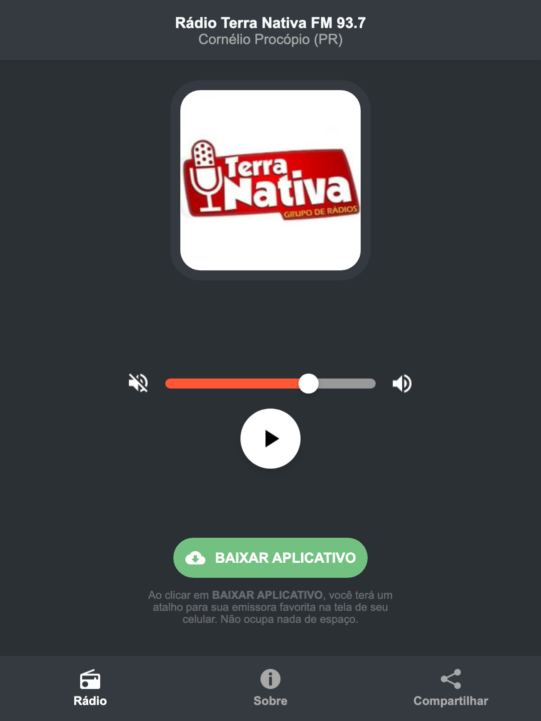 Screenshot do aplicativo da Rádio Terra Nativa FM 93.7