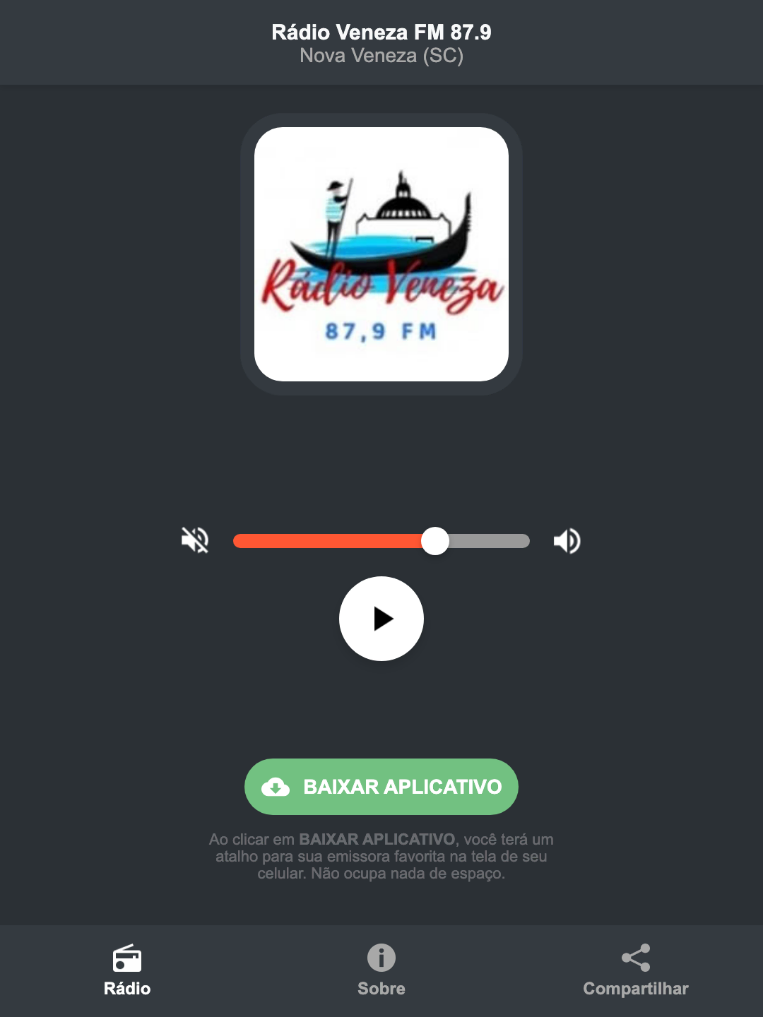 Screenshot do aplicativo da Rádio Veneza FM 87.9
