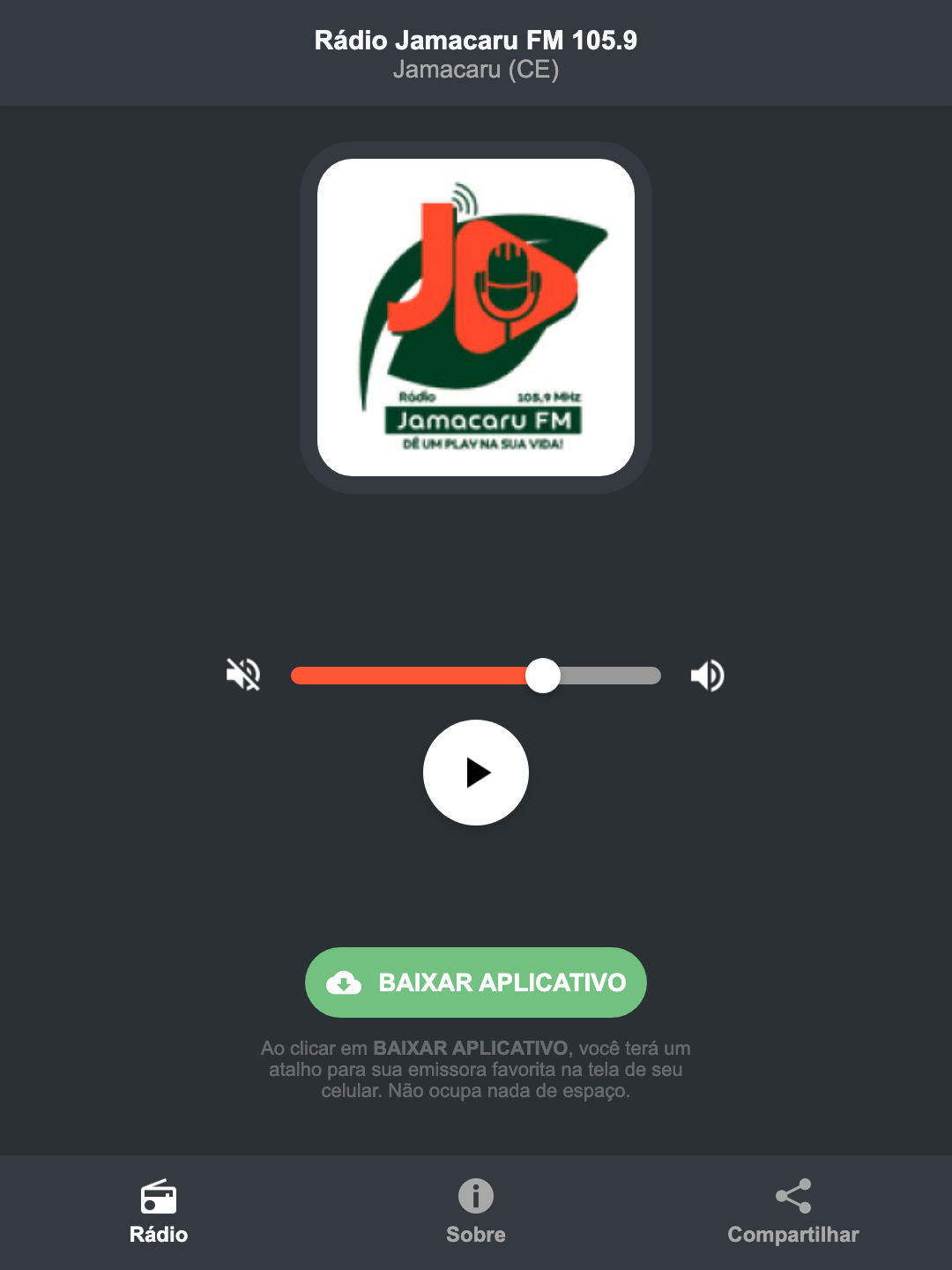 Screenshot do aplicativo da Rádio Jamacaru FM 105.9