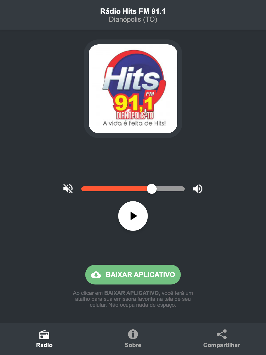 Screenshot do aplicativo da Rádio Hits FM 91.1