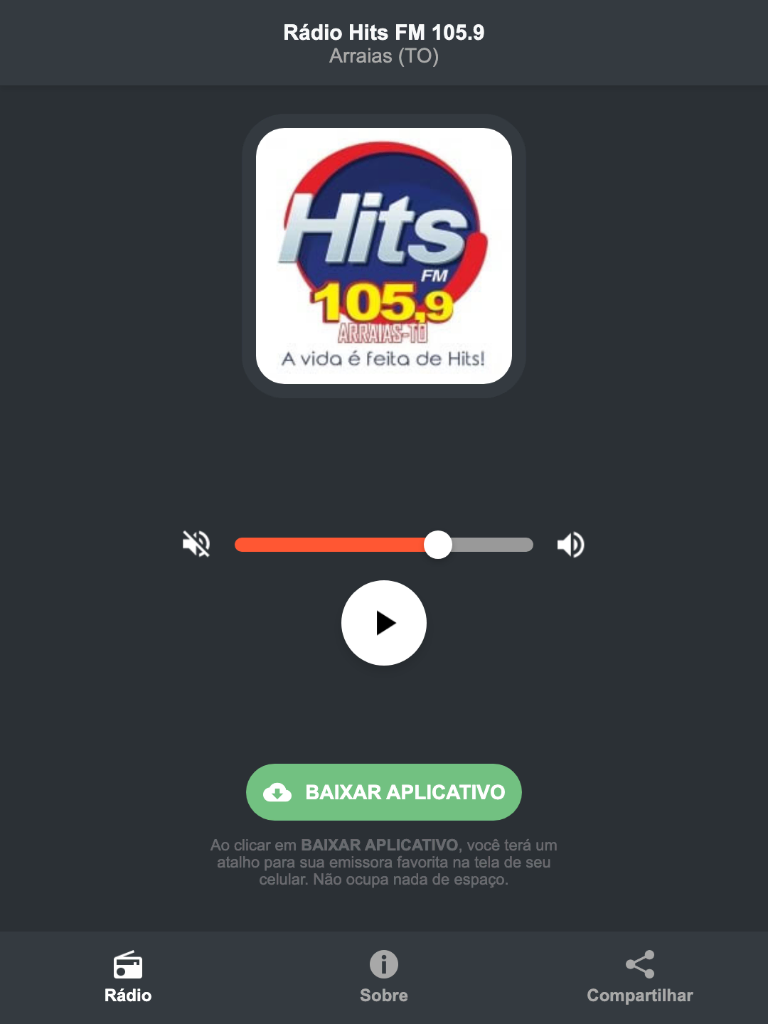 Screenshot do aplicativo da Rádio Hits FM 105.9