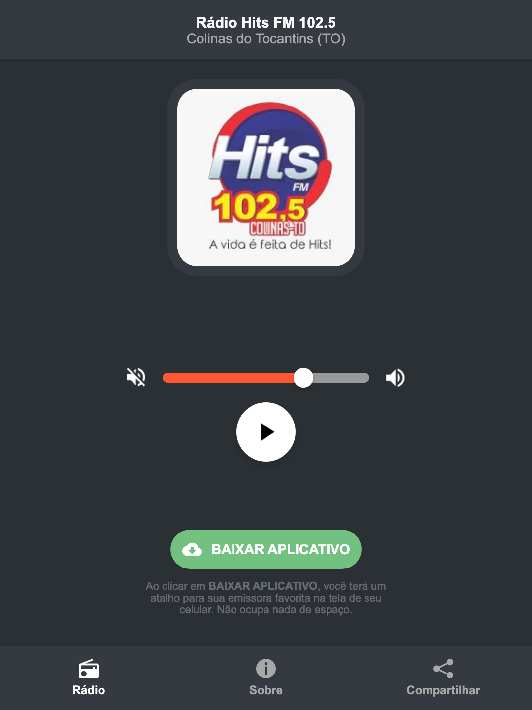 Screenshot do aplicativo da Rádio Hits FM 102.5