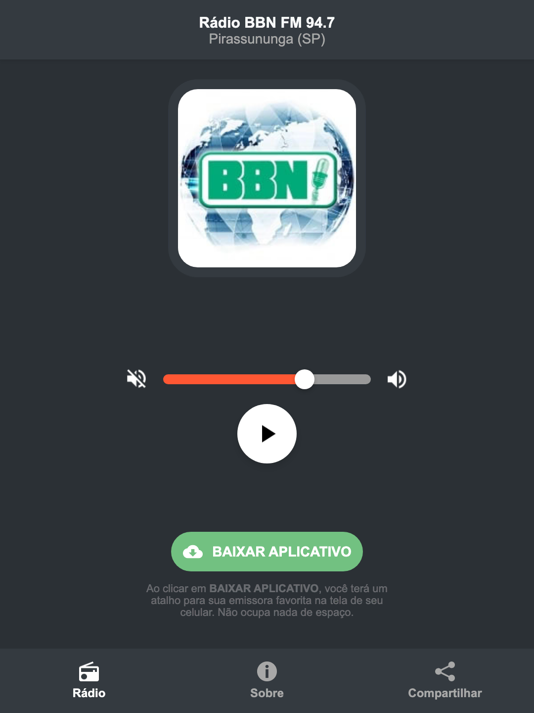 Screenshot do aplicativo da Rádio BBN FM 94.7
