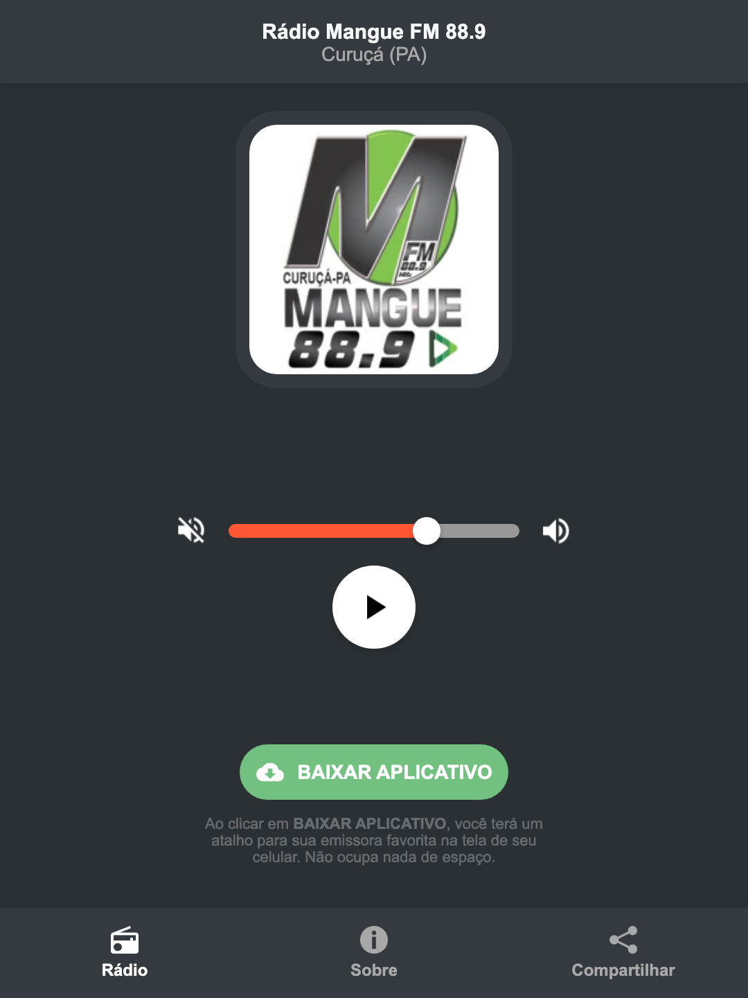 Screenshot do aplicativo da Rádio Mangue FM 88.9