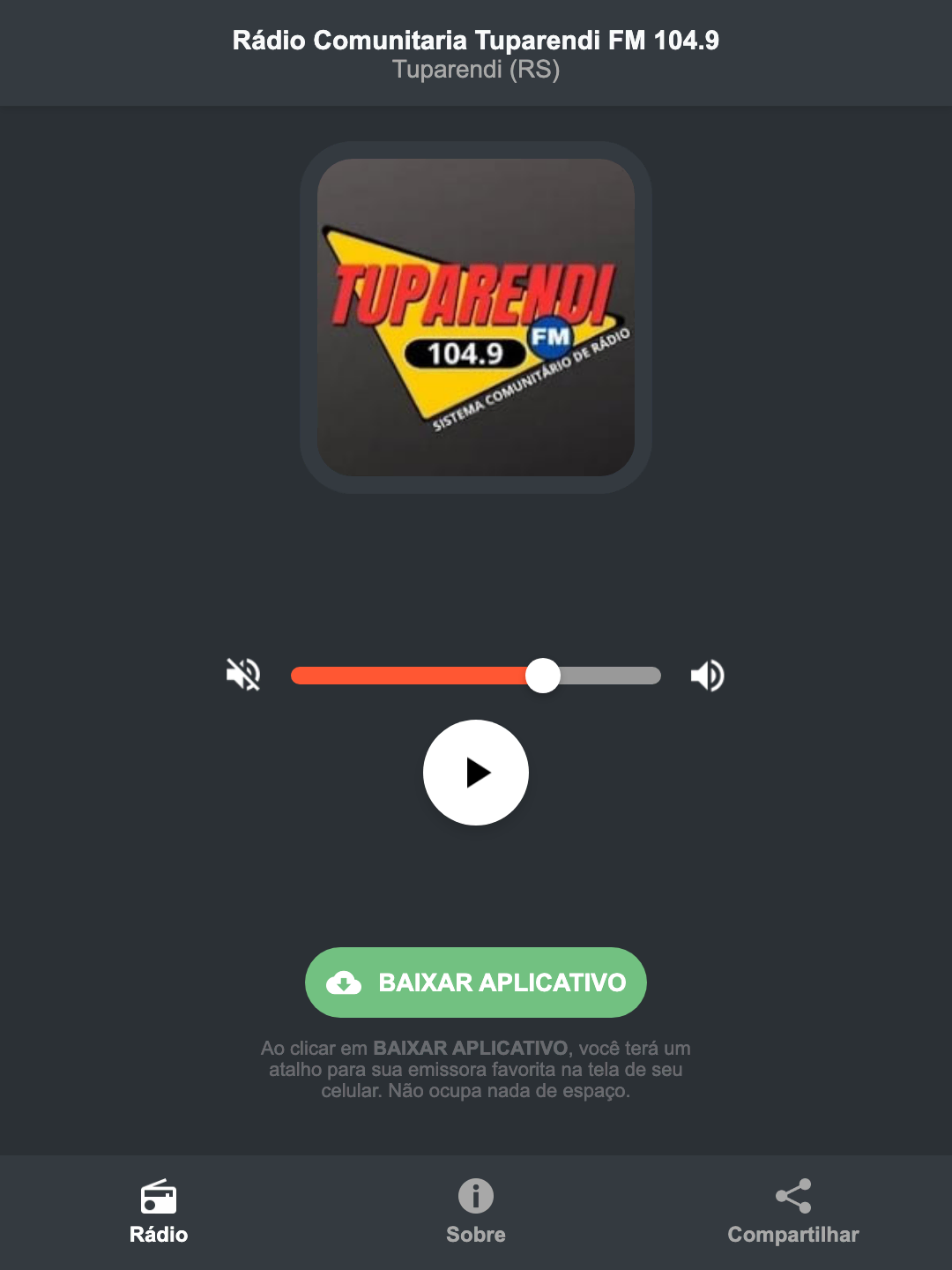 Screenshot do aplicativo da Rádio Comunitaria Tuparendi FM 104.9