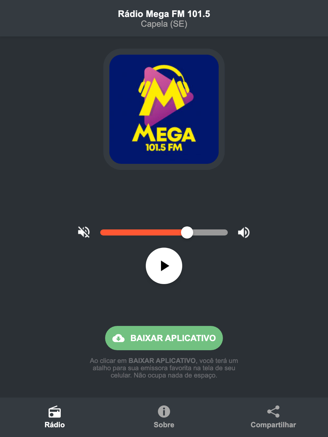 Screenshot do aplicativo da Rádio Mega FM 101.5