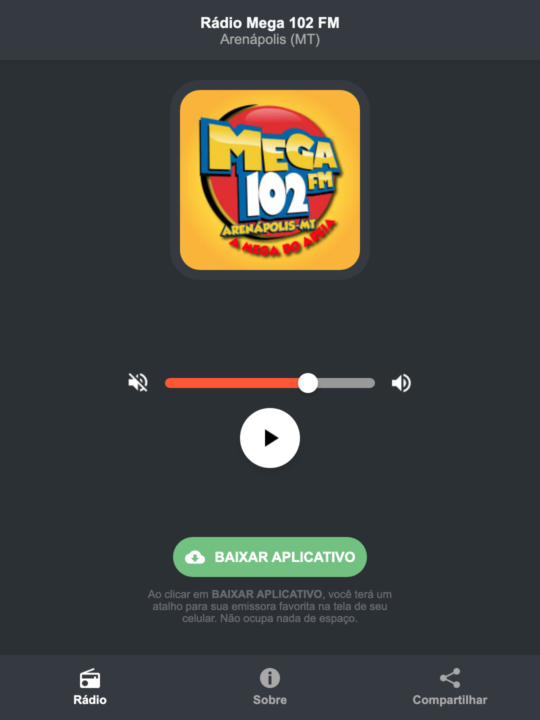 Screenshot do aplicativo da Rádio Mega 102 FM