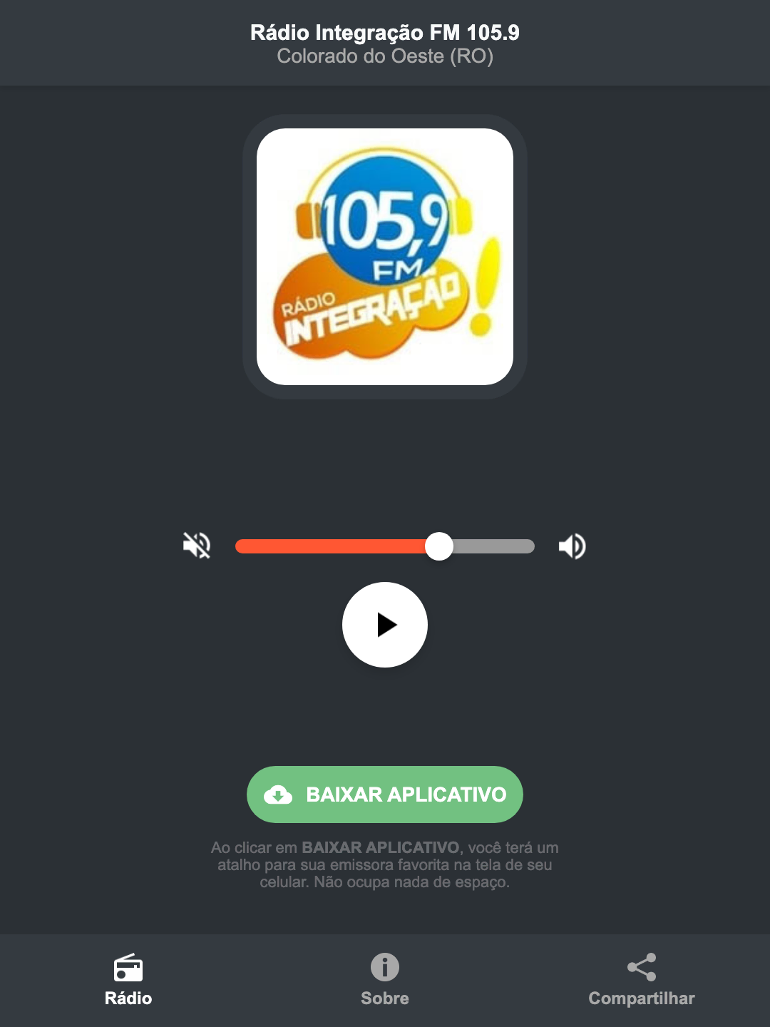 Screenshot do aplicativo da Rádio Integração FM 105.9