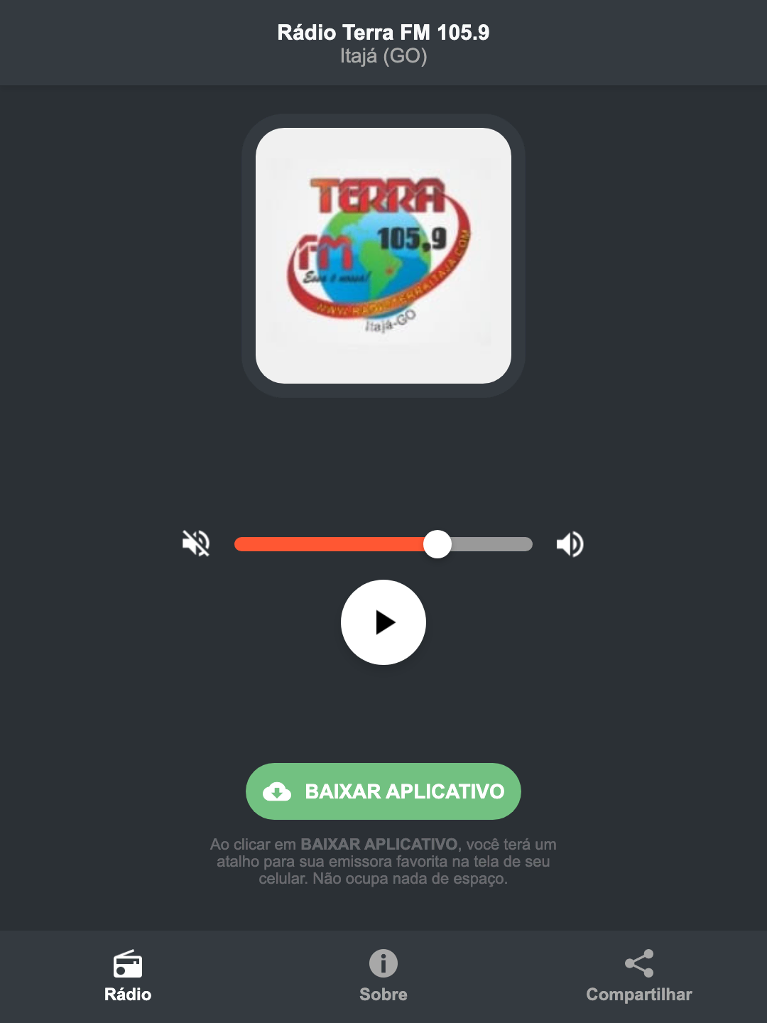 Screenshot do aplicativo da Rádio Terra FM 105.9