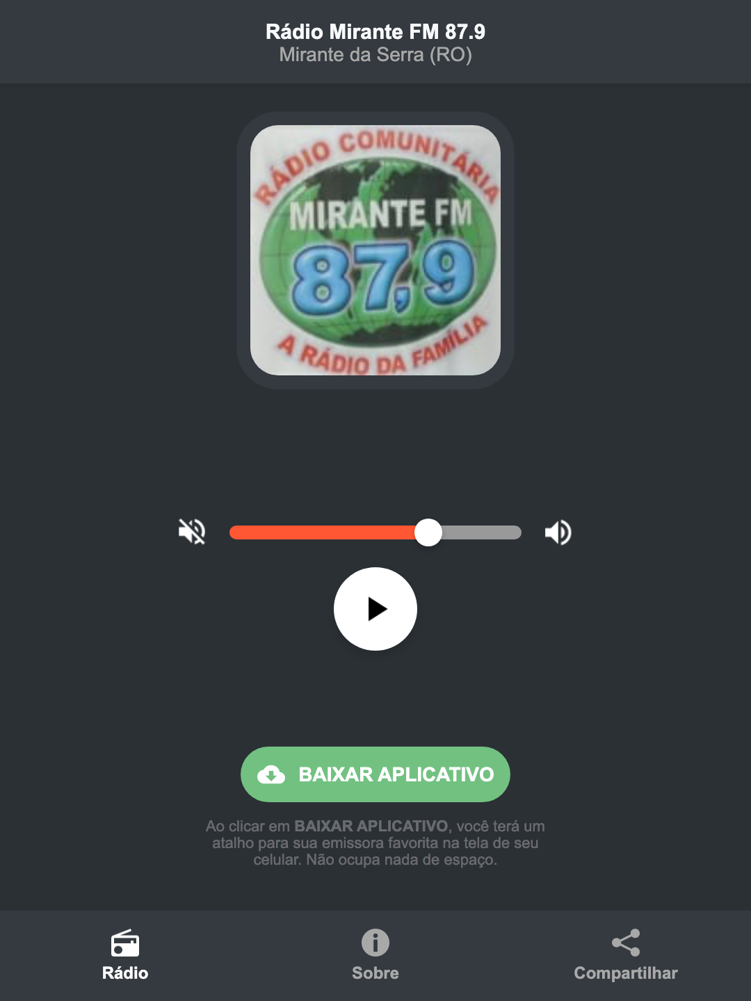 Screenshot do aplicativo da Rádio Mirante FM 87.9
