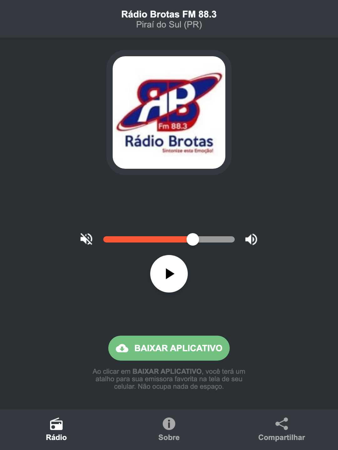 Screenshot do aplicativo da Rádio Brotas FM 88.3
