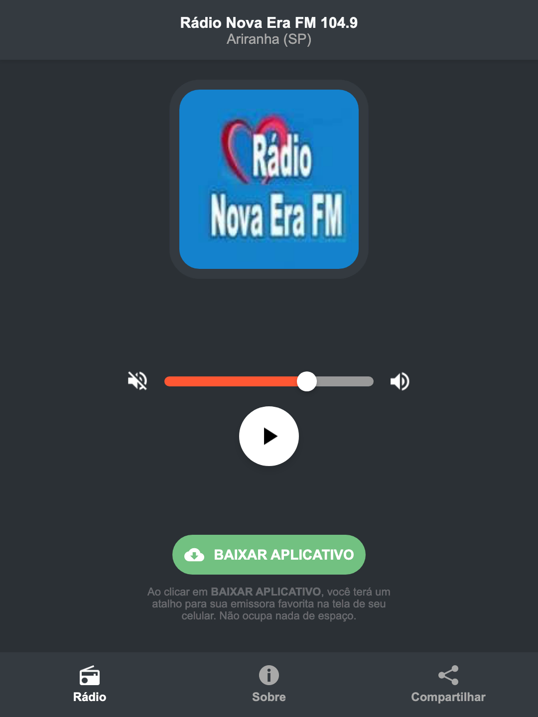 Screenshot do aplicativo da Rádio Nova Era FM 104.9