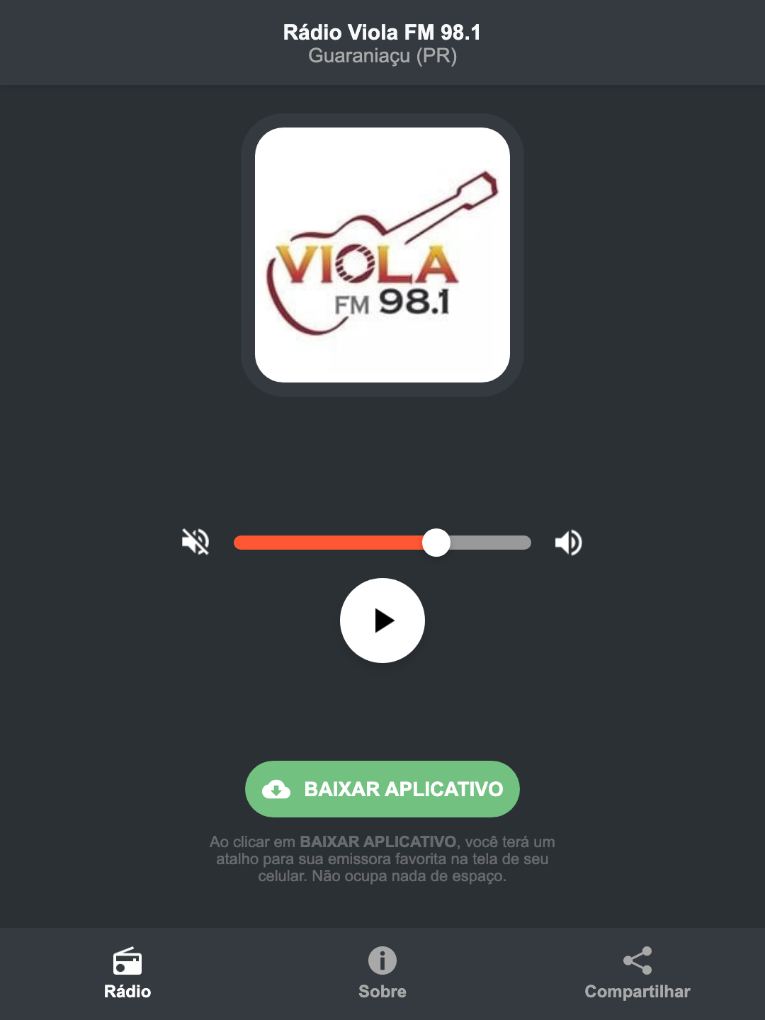 Screenshot do aplicativo da Rádio Viola FM 98.1