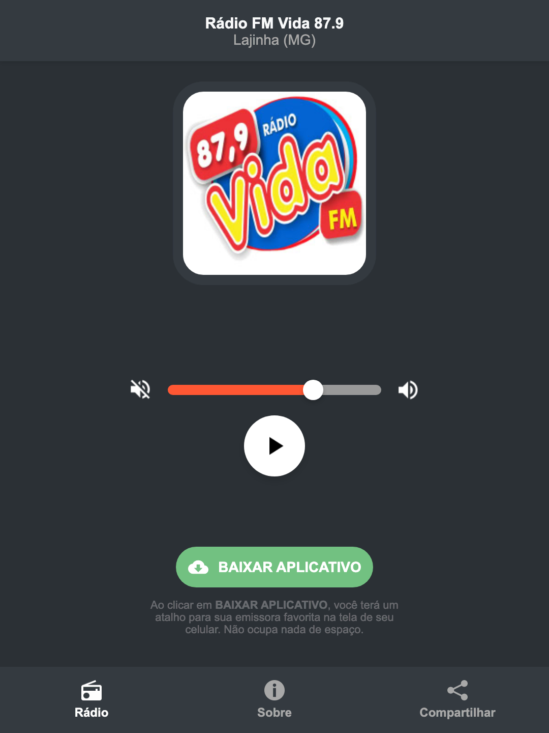Screenshot do aplicativo da Rádio FM Vida 87.9