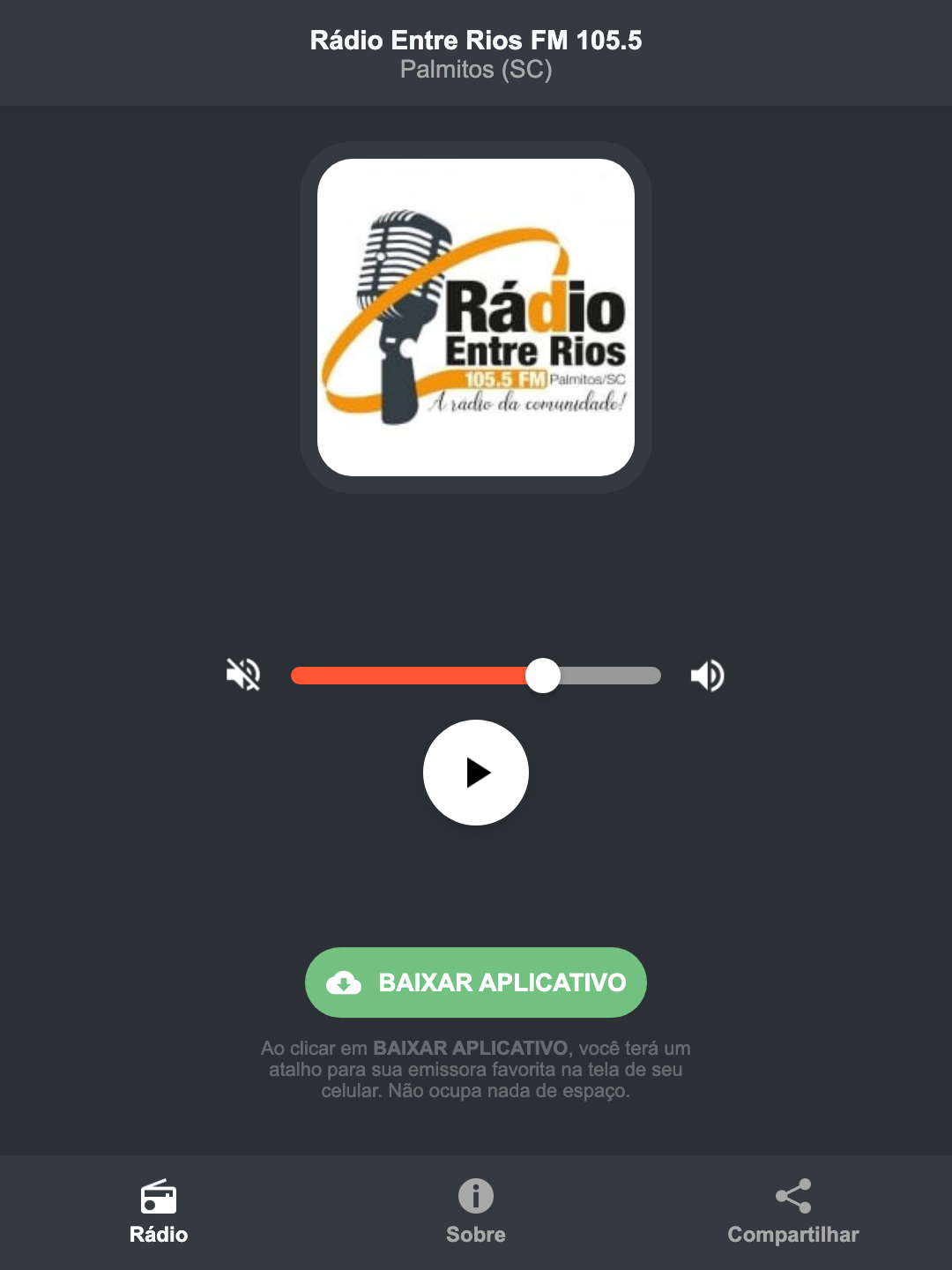 Screenshot do aplicativo da Rádio Entre Rios FM 105.5