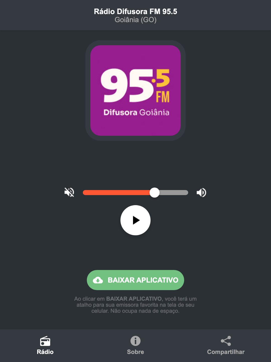 Screenshot do aplicativo da Rádio Difusora FM 95.5