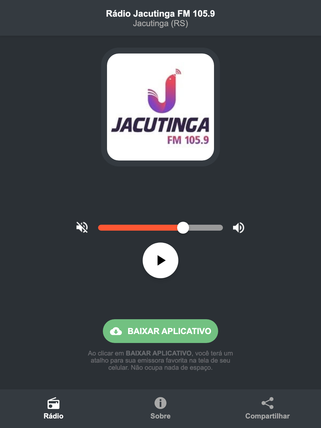 Screenshot do aplicativo da Rádio Jacutinga FM 105.9
