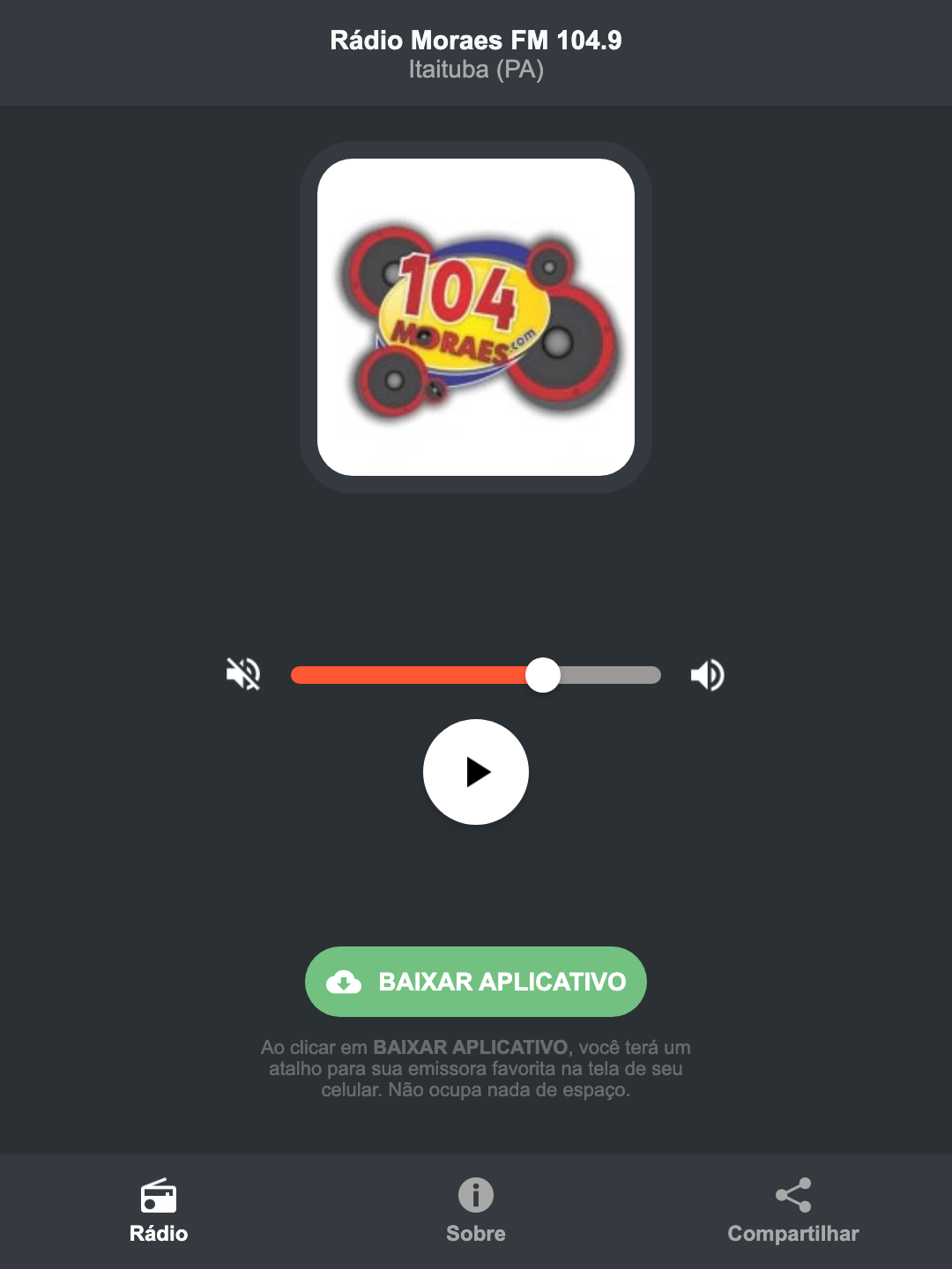 Screenshot do aplicativo da Rádio Moraes FM 104.9