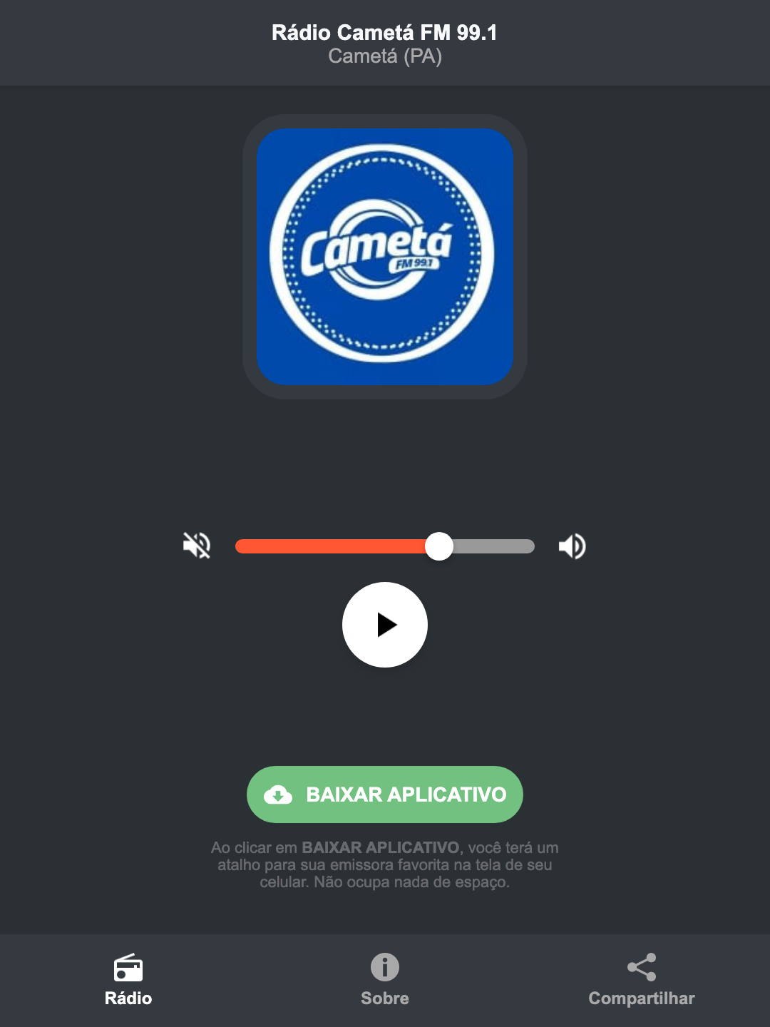 Screenshot do aplicativo da Rádio Cametá FM 99.1