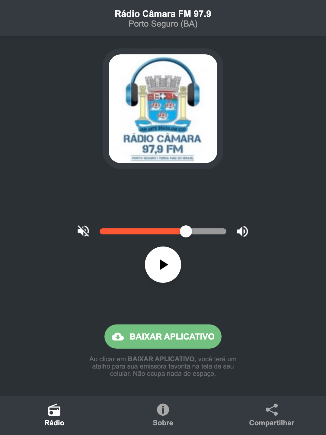 Screenshot do aplicativo da Rádio Câmara FM 97.9