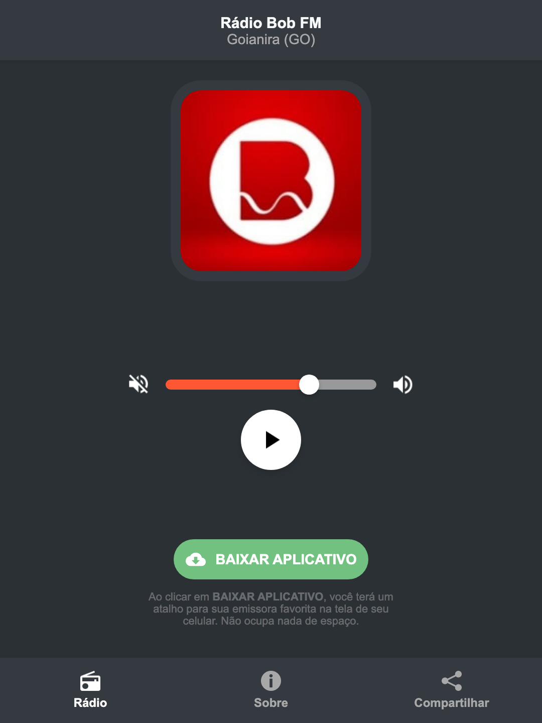 Screenshot do aplicativo da Rádio Bob FM