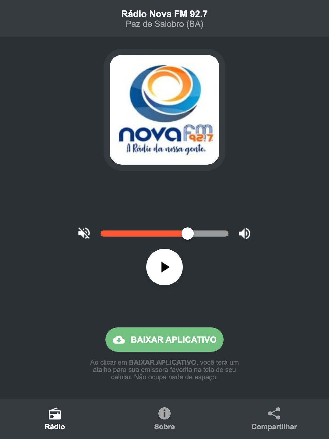 Screenshot do aplicativo da Rádio Nova FM 92.7