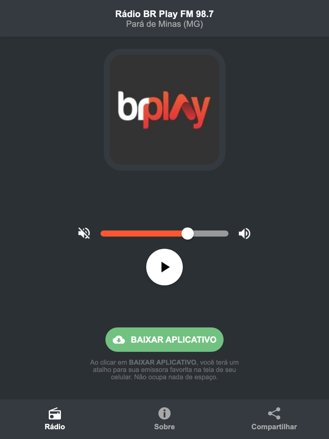 Screenshot do aplicativo da Rádio BR Play FM 98.7