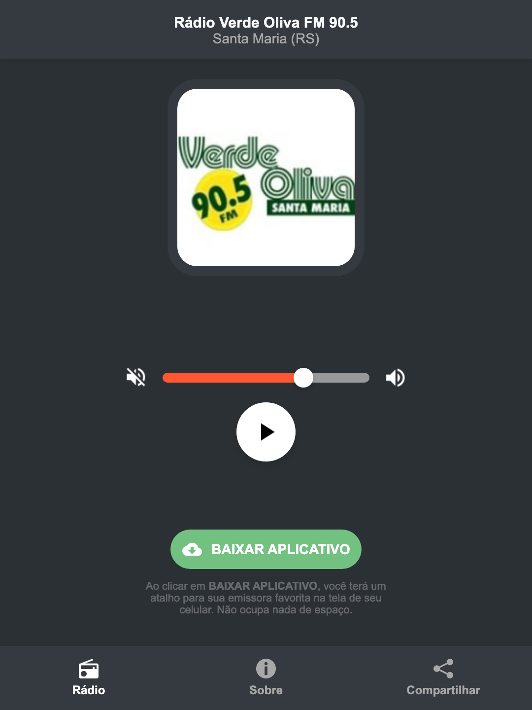 Screenshot do aplicativo da Rádio Verde Oliva FM 90.5