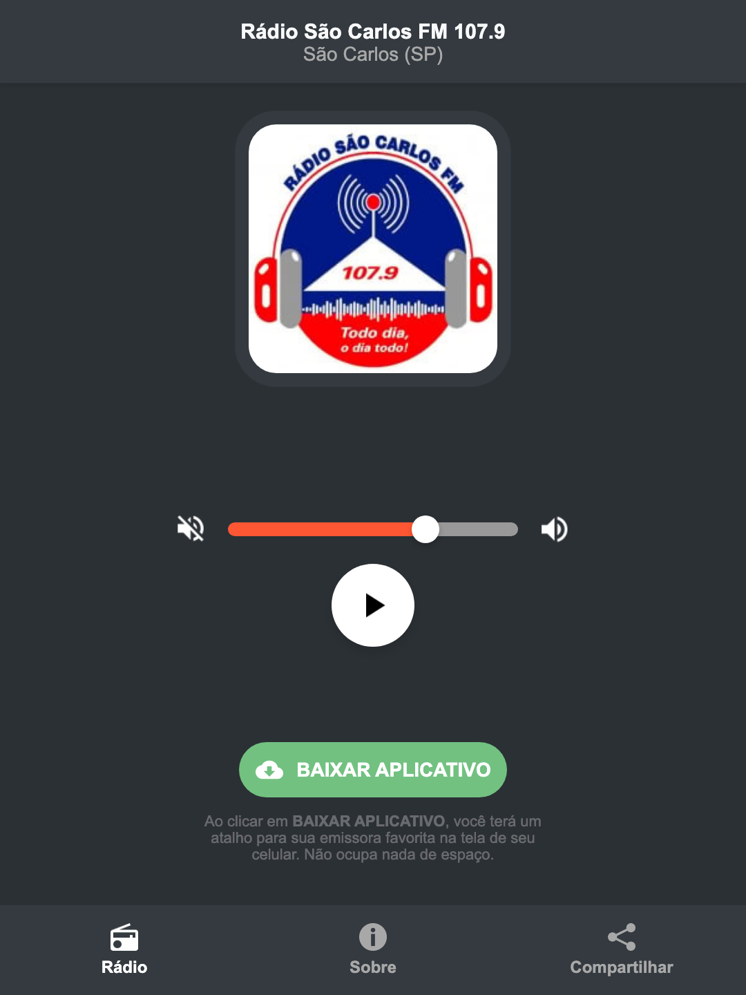 Screenshot do aplicativo da Rádio São Carlos FM 107.9