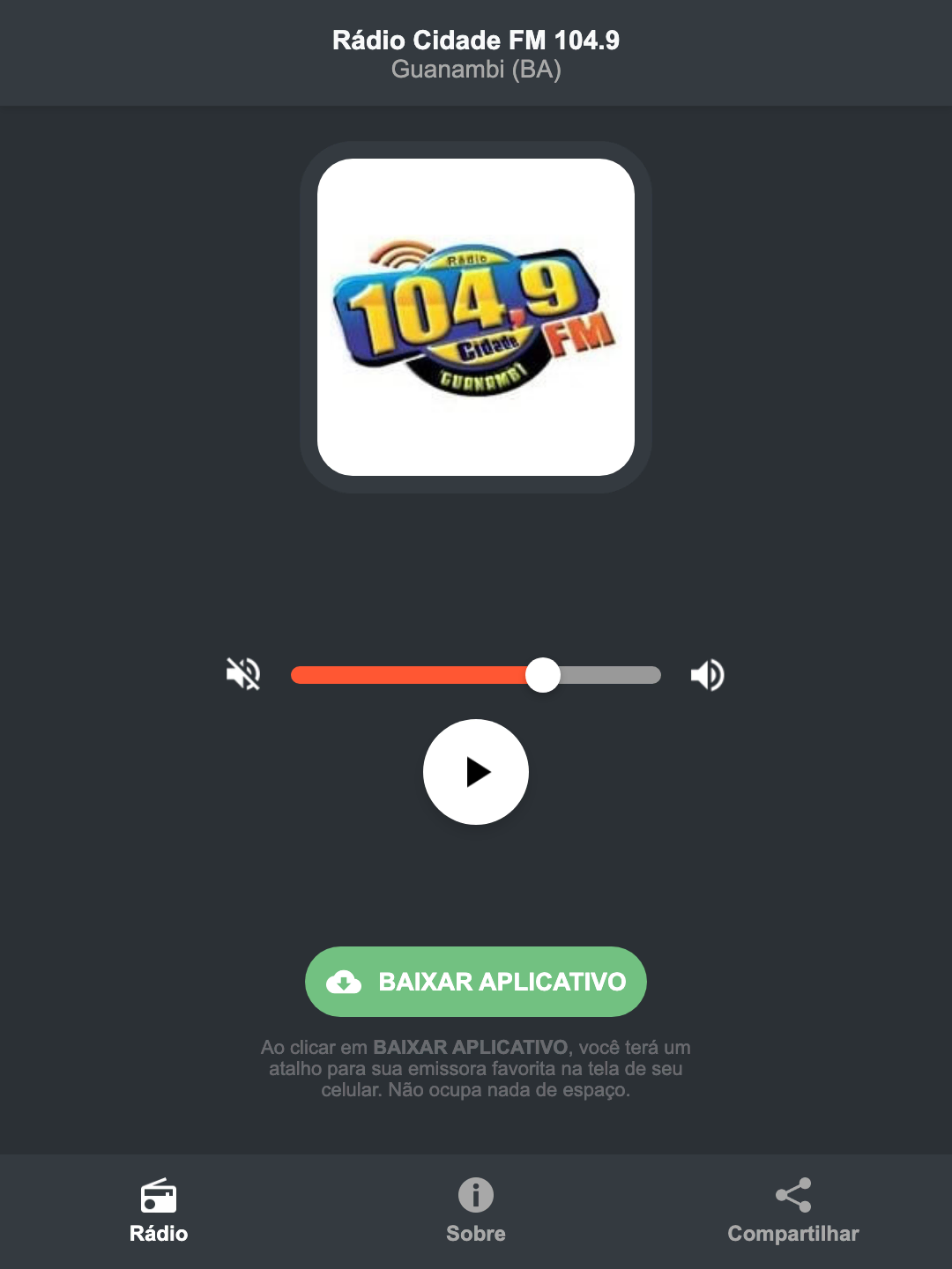 Screenshot do aplicativo da Rádio Cidade FM 104.9