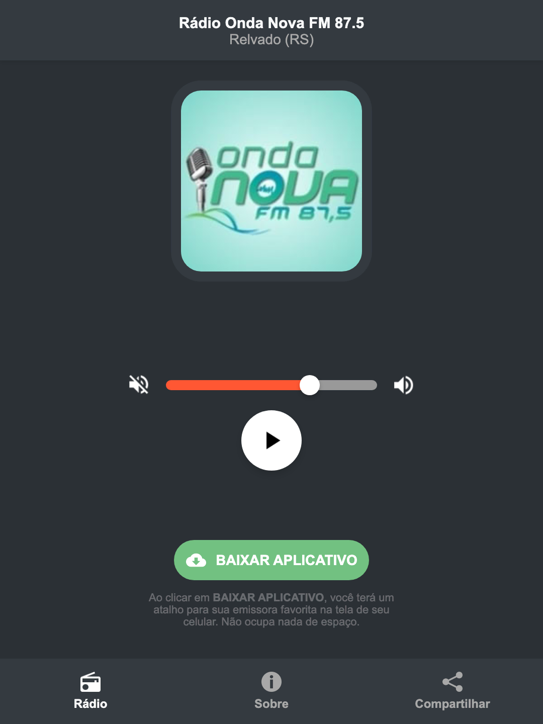 Screenshot do aplicativo da Rádio Onda Nova FM 87.5