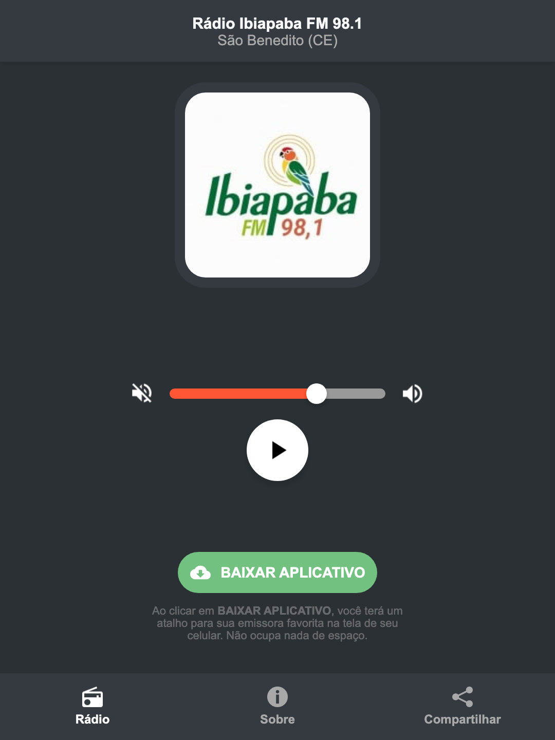Screenshot do aplicativo da Rádio Ibiapaba FM 98.1