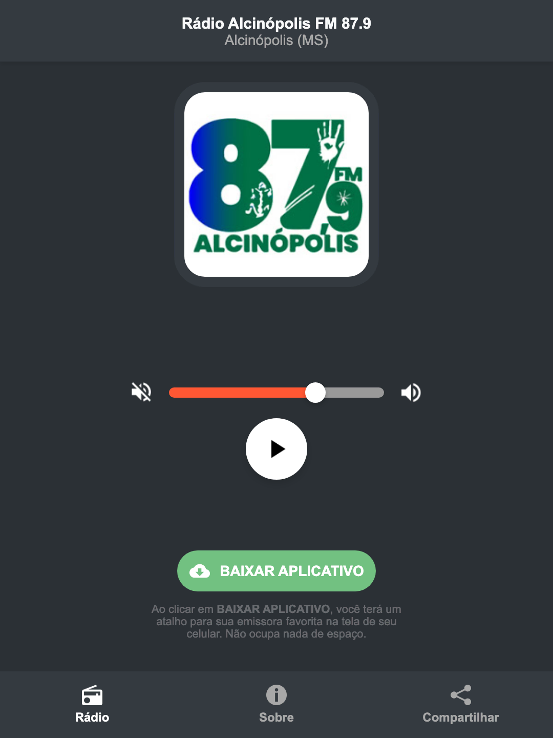 Screenshot do aplicativo da Rádio Alcinópolis FM 87.9