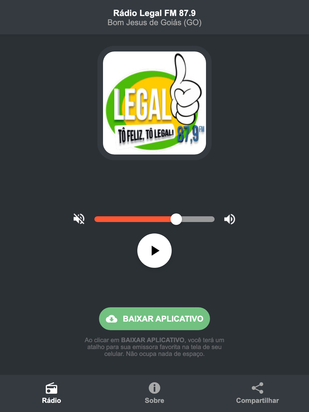 Screenshot do aplicativo da Rádio Legal FM 87.9