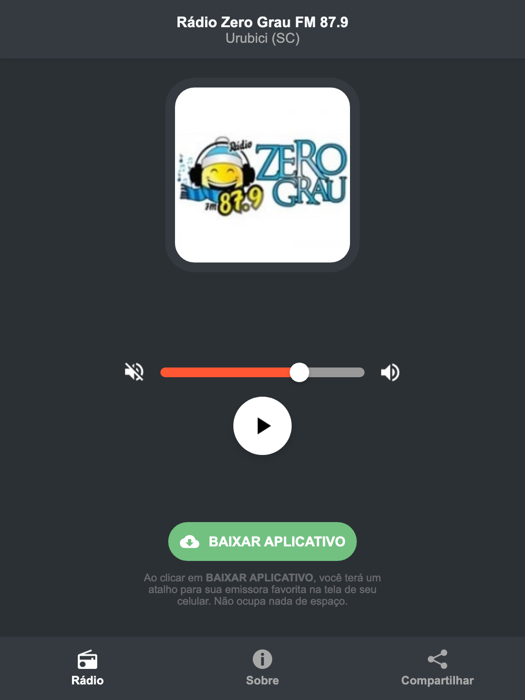 Screenshot do aplicativo da Rádio Zero Grau FM 87.9