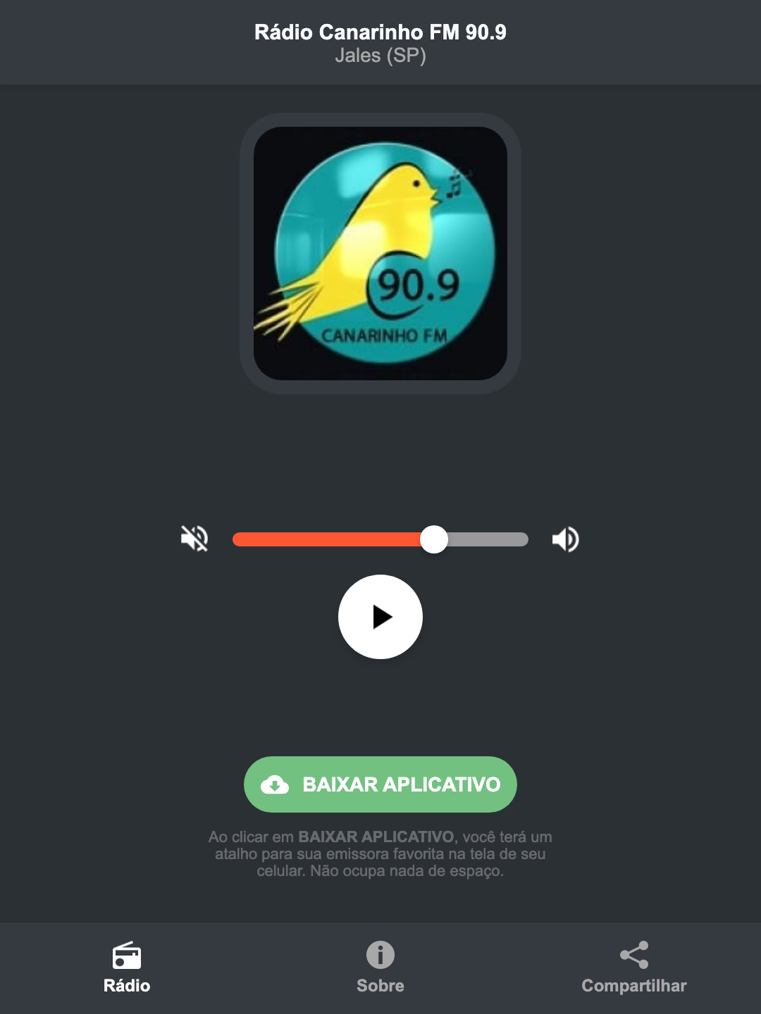 Screenshot do aplicativo da Rádio Canarinho FM 90.9