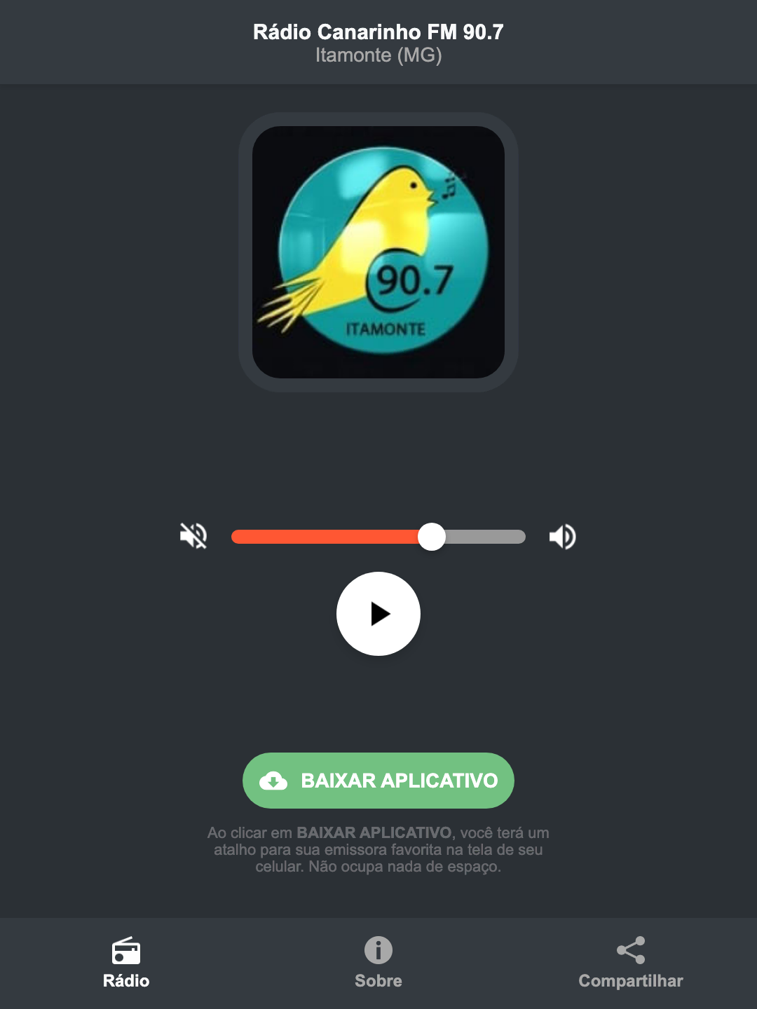 Screenshot do aplicativo da Rádio Canarinho FM 90.7