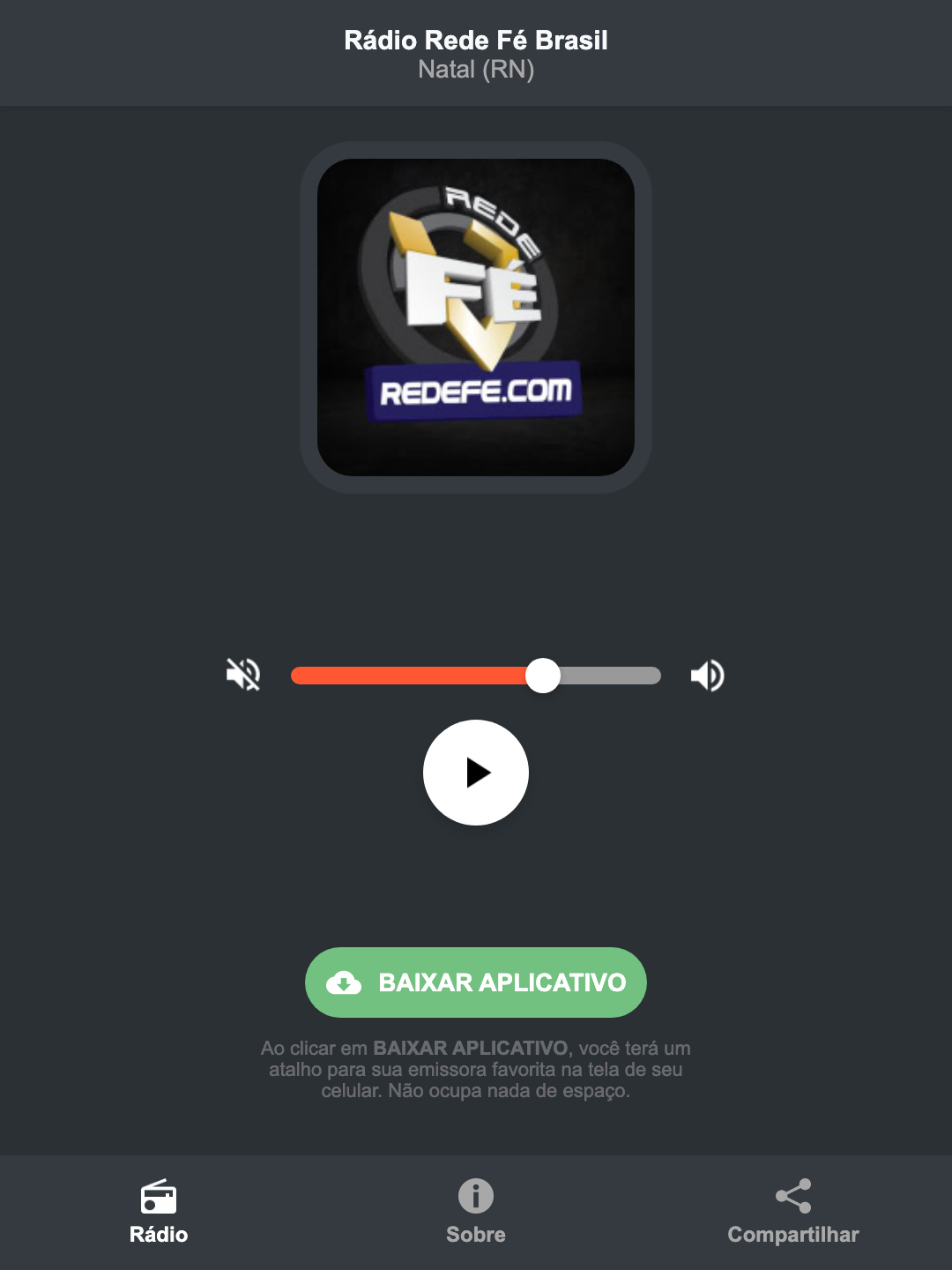 Screenshot do aplicativo da Rádio Rede Fé Brasil