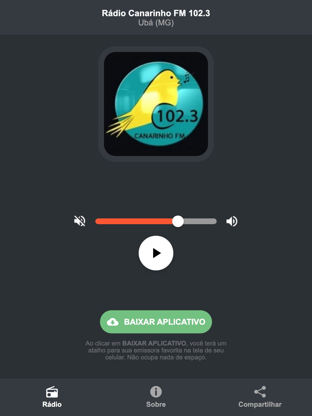 Screenshot do aplicativo da Rádio Canarinho FM 102.3