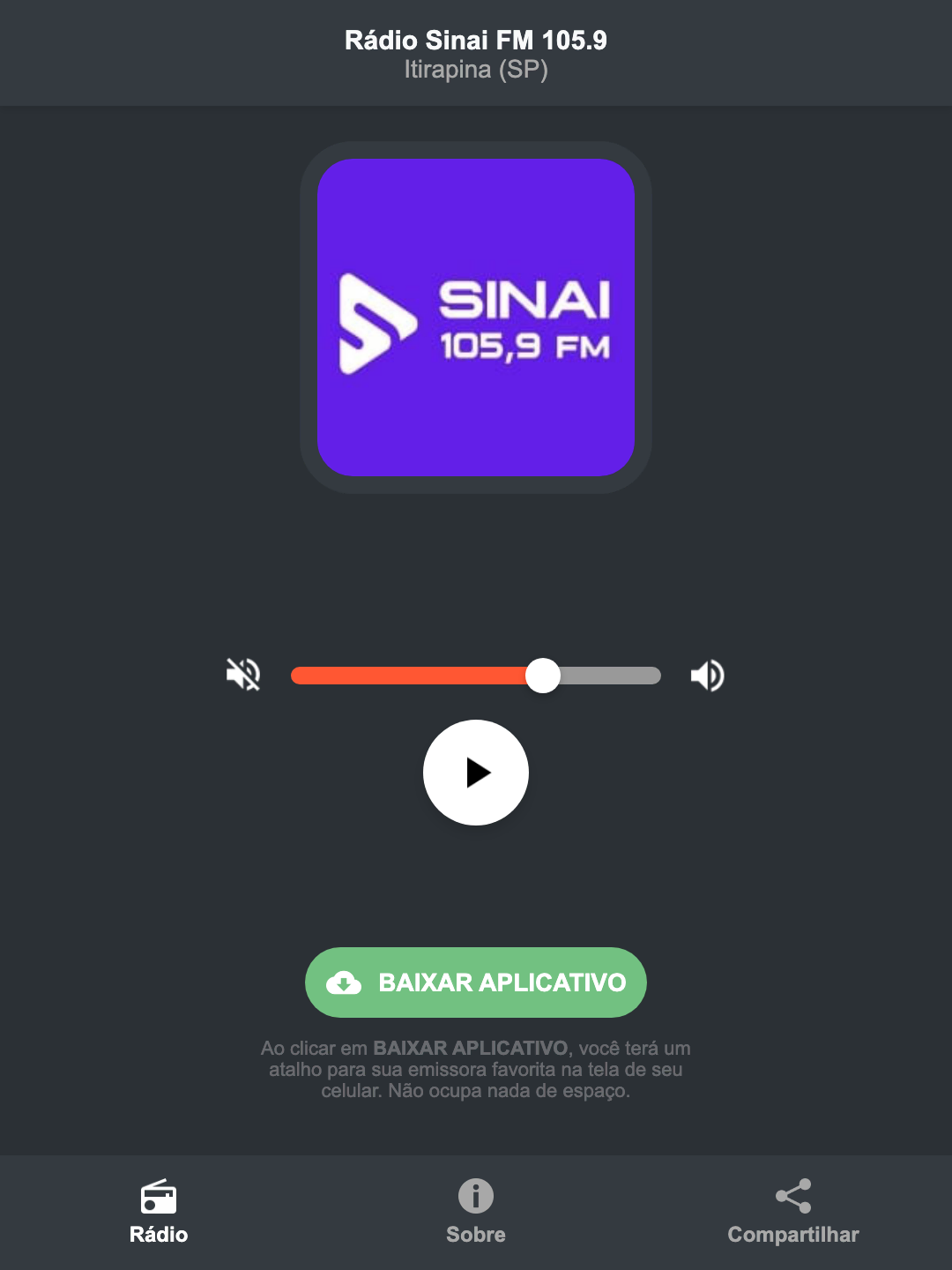 Screenshot do aplicativo da Rádio Sinai FM 105.9