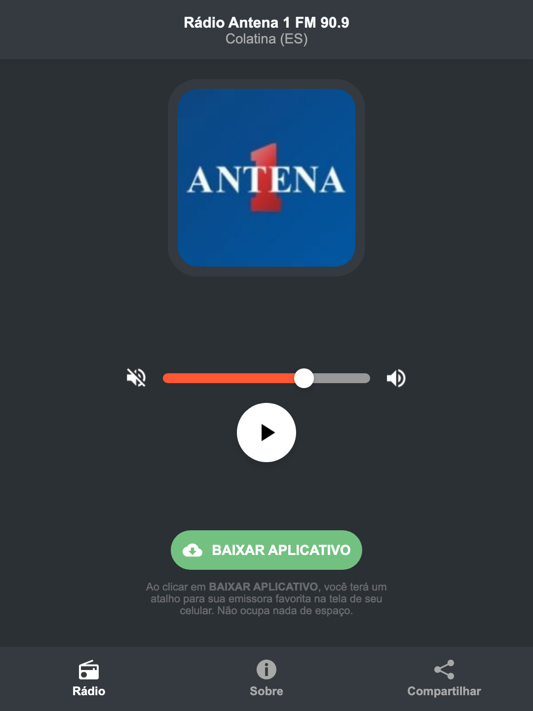Screenshot do aplicativo da Rádio Antena 1 FM 90.9