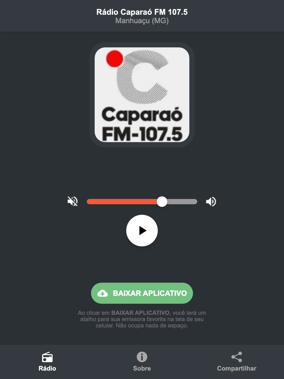 Screenshot do aplicativo da Rádio Caparaó FM 107.5