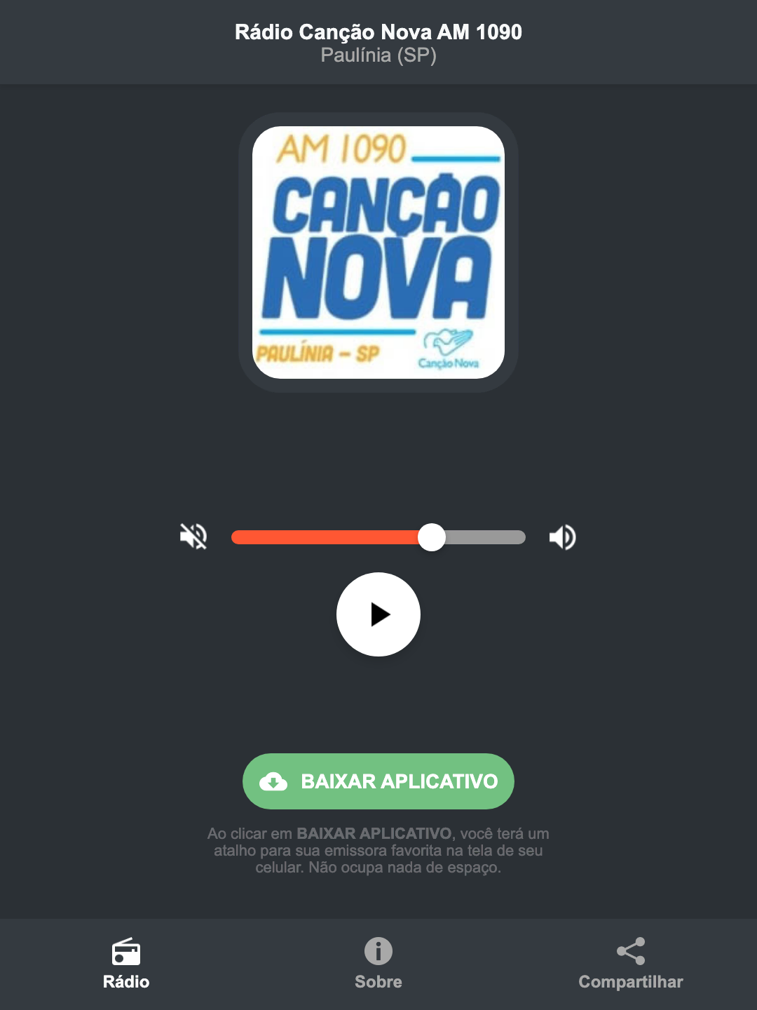 Screenshot do aplicativo da Rádio Canção Nova AM 1090