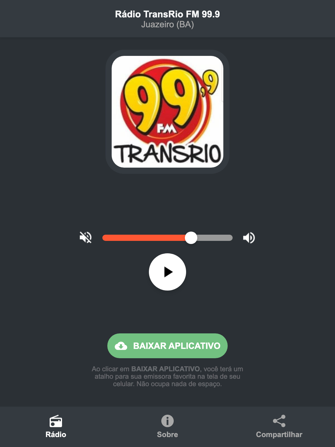 Screenshot do aplicativo da Rádio TransRio FM 99.9