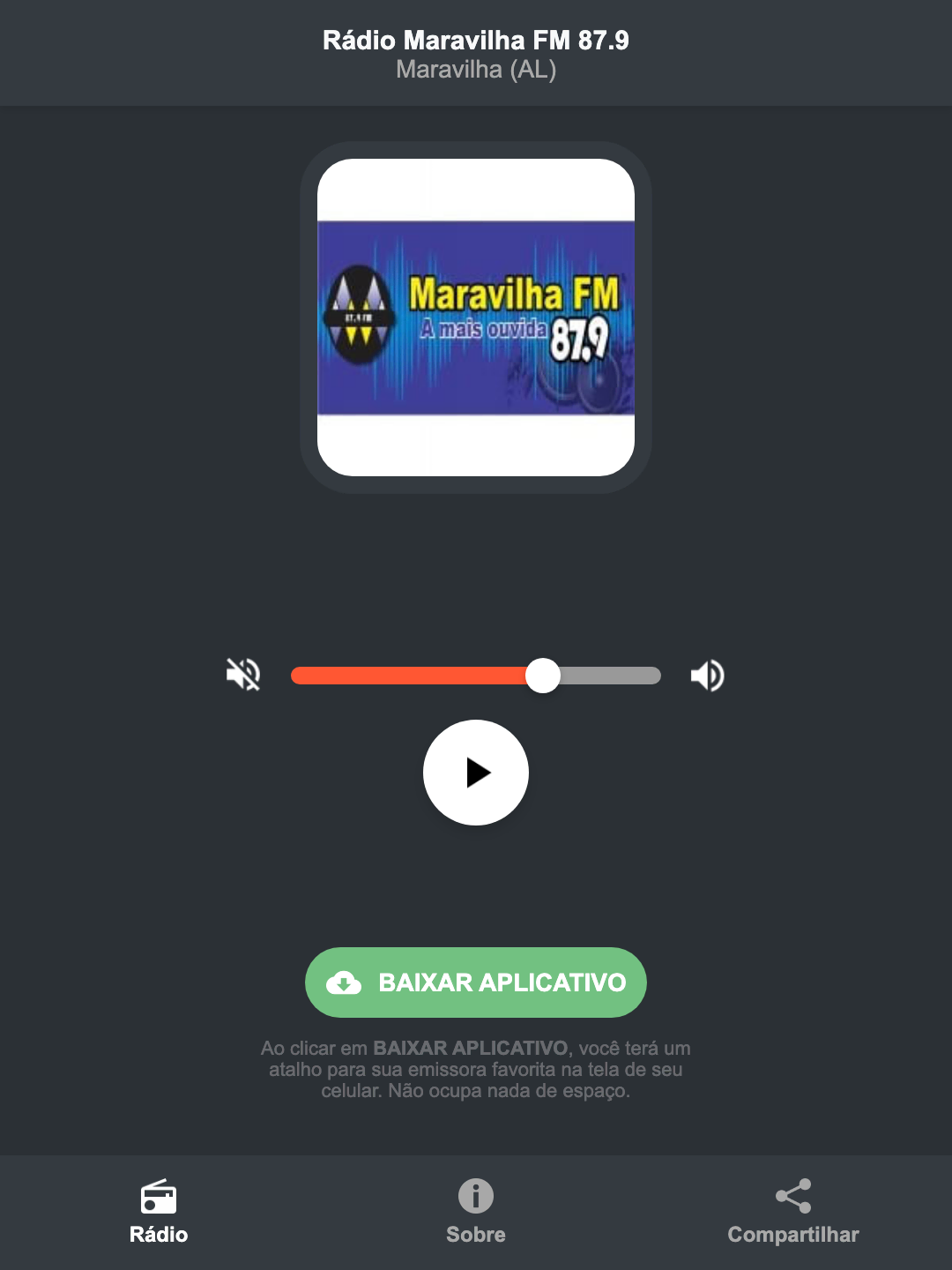 Screenshot do aplicativo da Rádio Maravilha FM 87.9