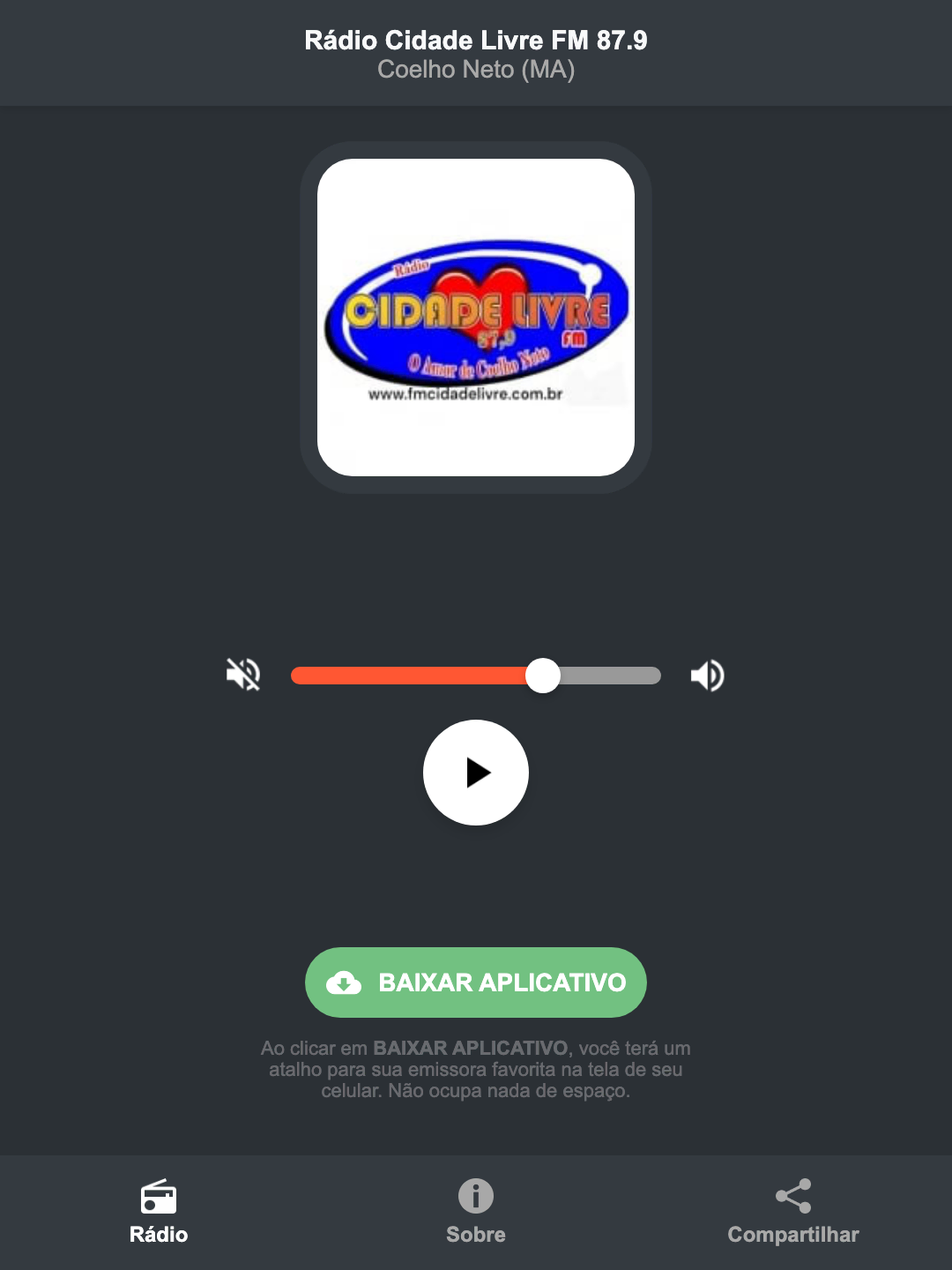 Screenshot do aplicativo da Rádio Cidade Livre FM 87.9