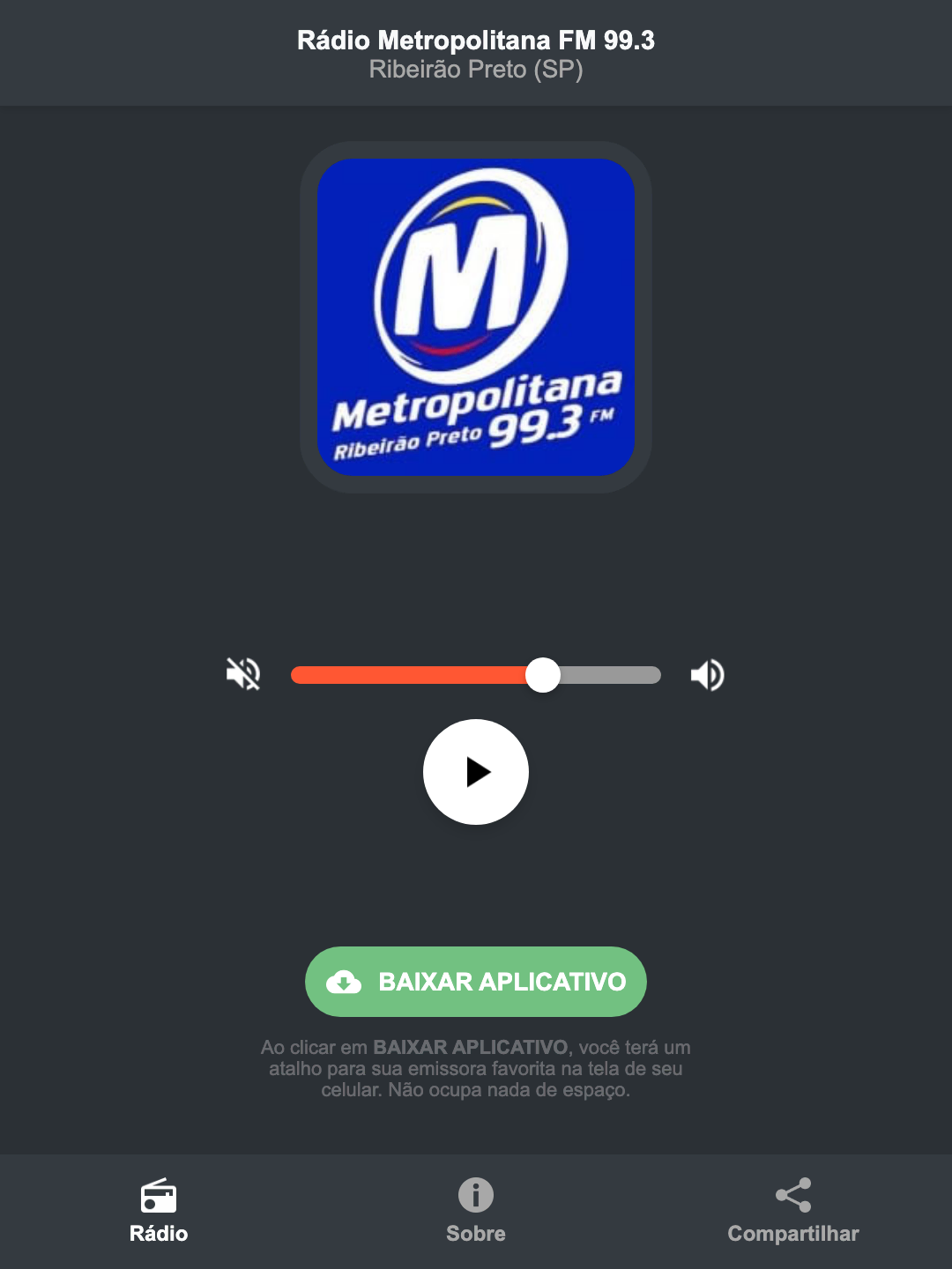 Screenshot do aplicativo da Rádio Metropolitana FM 99.3