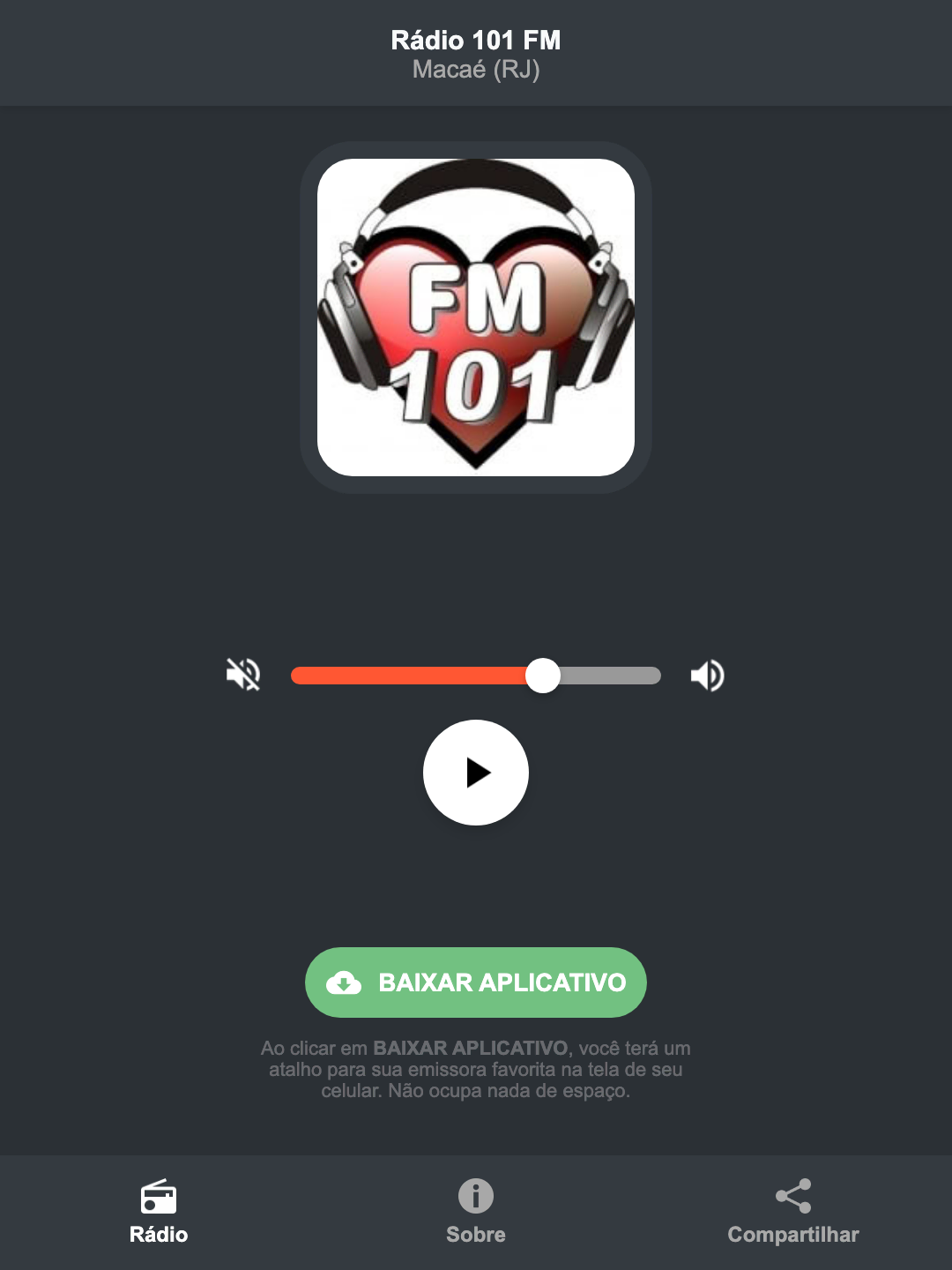 Screenshot do aplicativo da Rádio 101 FM