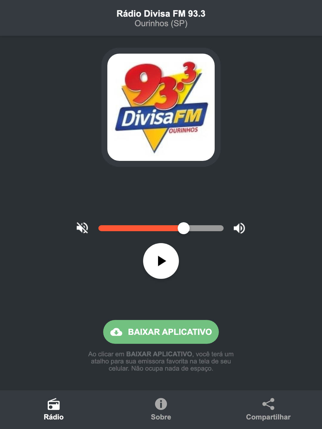 Screenshot do aplicativo da Rádio Divisa FM 93.3
